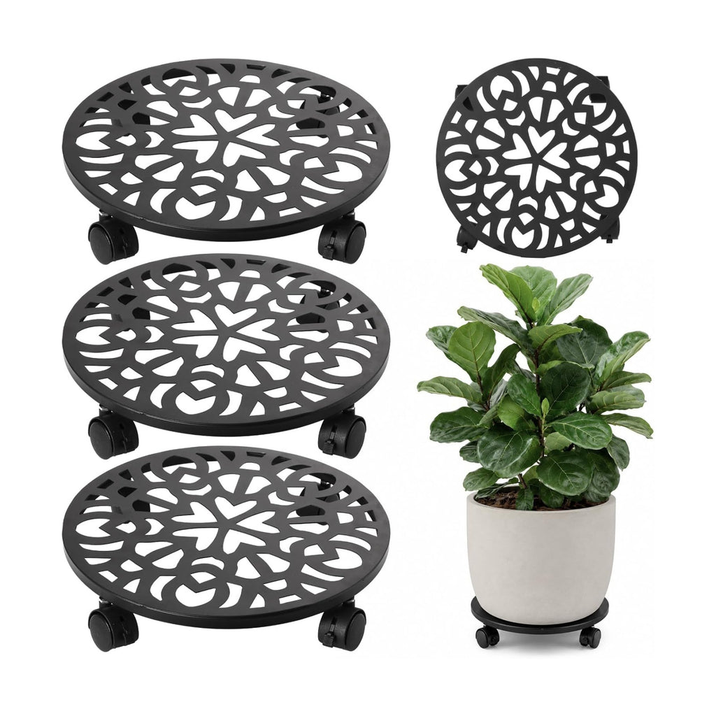 3 Pack Plant Caddy with Wheels, 12 inch Plant Stand with 2 Locking Casters Heavy Duty Metal Plant Dolly Roller for