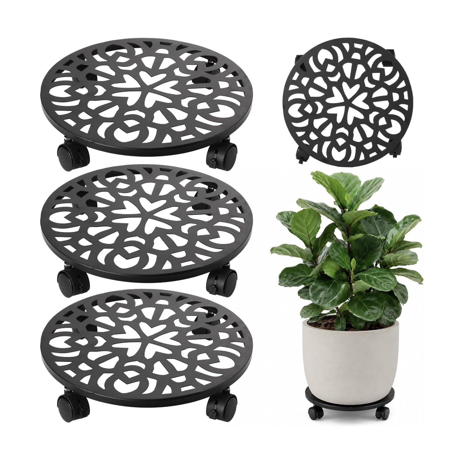 3 Pack Plant Caddy with Wheels, 12 inch Plant Stand with 2 Locking Casters Heavy Duty Metal Plant Dolly Roller for
