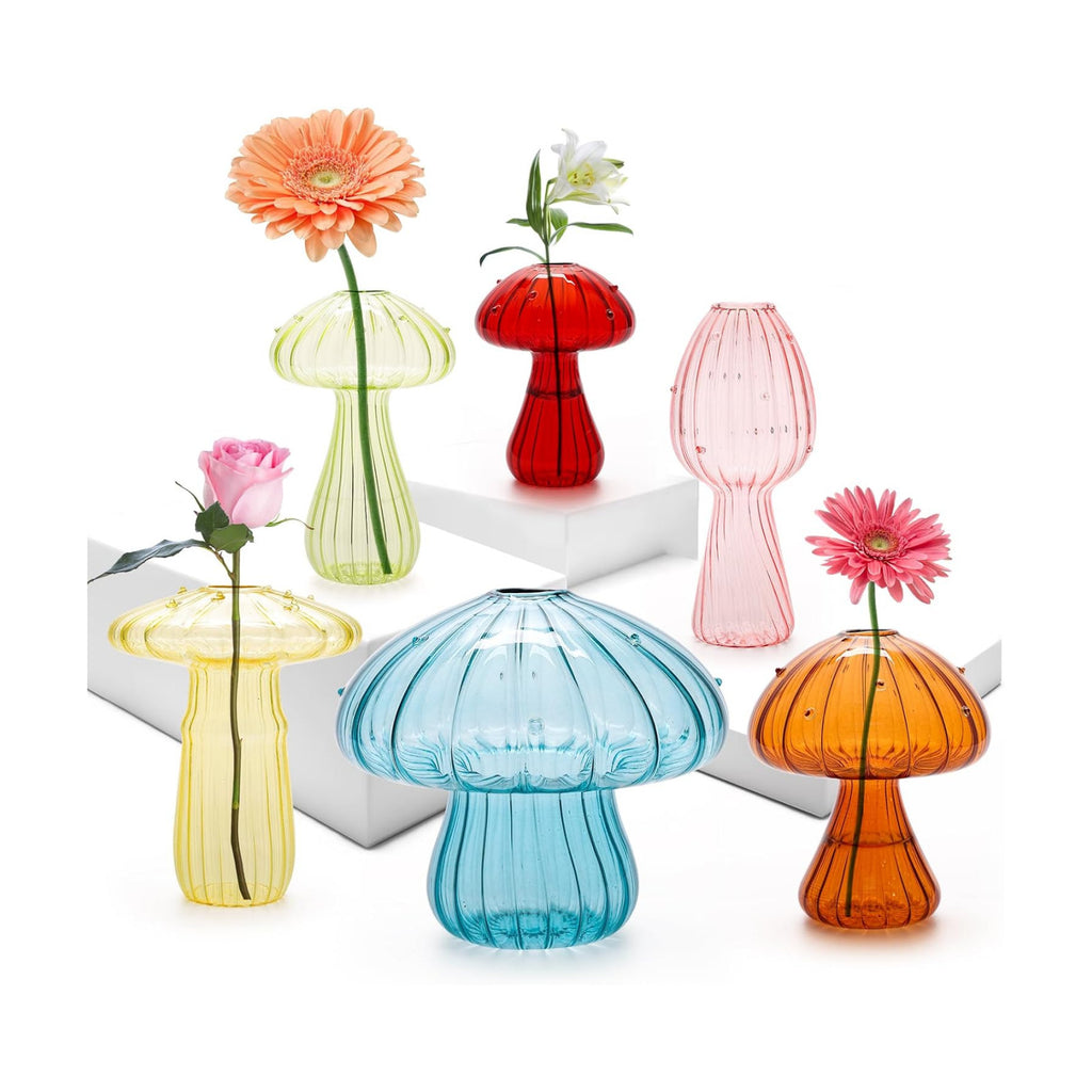 6Pcs Mushroom Vase, Colored Glass Vase,Mushroom Propagation Vases for Plants, Cute Hydroponic Flower Vase, Small Bud