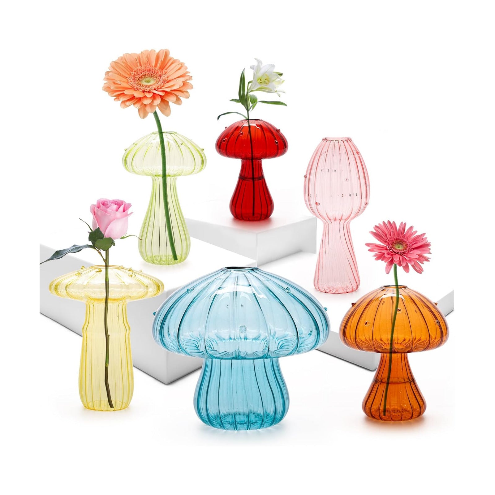 6Pcs Mushroom Vase, Colored Glass Vase,Mushroom Propagation Vases for Plants, Cute Hydroponic Flower Vase, Small Bud