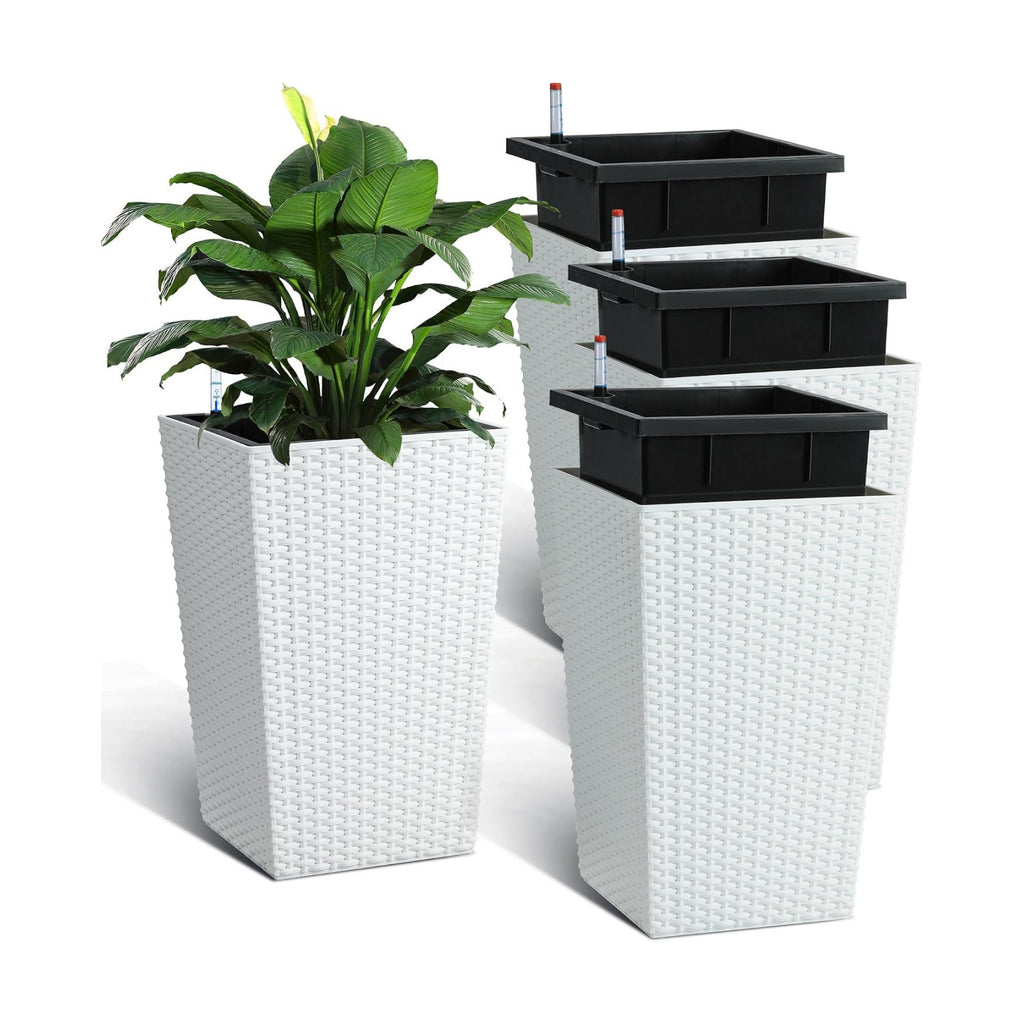 Garvee Set of 4 Tall Outdoor Planters, 16 Inch Planters for Outdoor Plants | Modern Tall Planters with Drainage System