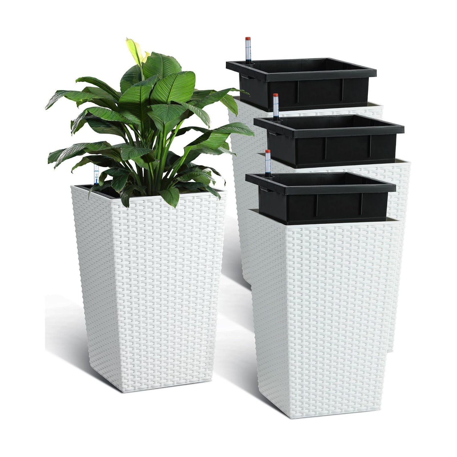 Garvee Set of 4 Tall Outdoor Planters, 16 Inch Planters for Outdoor Plants | Modern Tall Planters with Drainage System