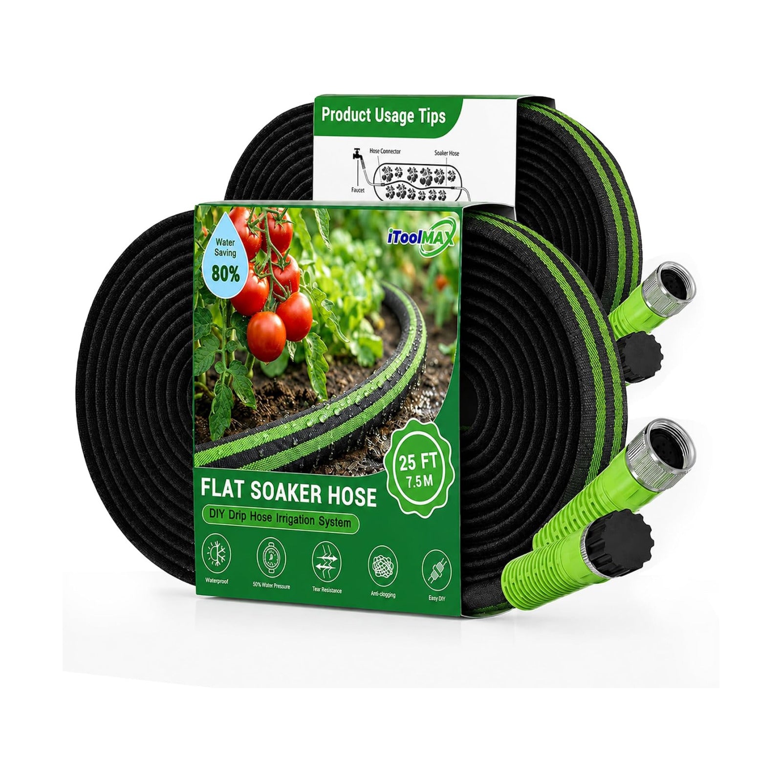 Flat Soaker Hose 25FT for Garden, 80% Water-Saving Drip Irrigation System Hose, Durable & UV-resistant, Non-toxic