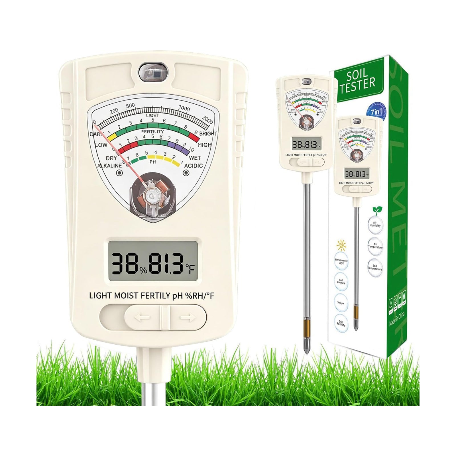 Soil Test Kit, 7-in-1 Soil Moisture Meter, Dual Screen Soil Tester, Moisture/pH/Temperature/Sunlight/Air
