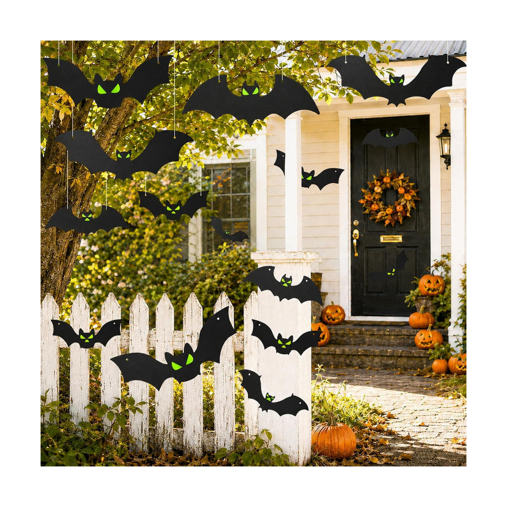 18PCS Bats Halloween Decoration with Glowing Eyes, Hang & Stick Flying Bat