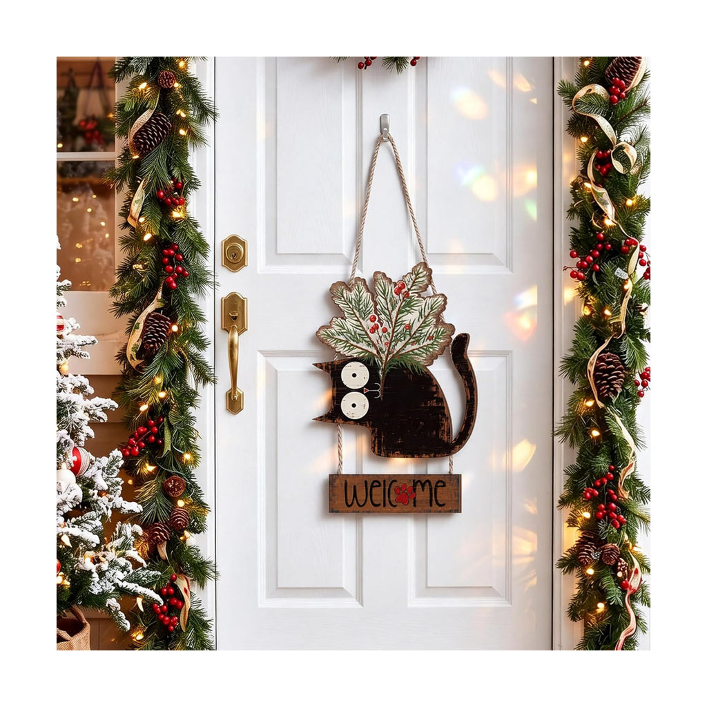 Yookeer Christmas Door Decorations Cat Snow Pine Branches Welcome Door Sign Hanger Wreath Wooden Christmas Cat Farmouse Rustic Wreath Hanging Decor for Xmas Home Porch Window Wall