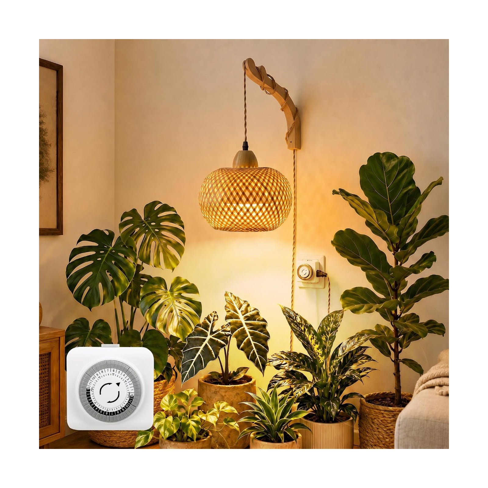 Wall Mounted Grow Lights for Indoor Plants with Timer, Hanging Light | 3500K Full Spectrum Pendant Grow Light, Rattan