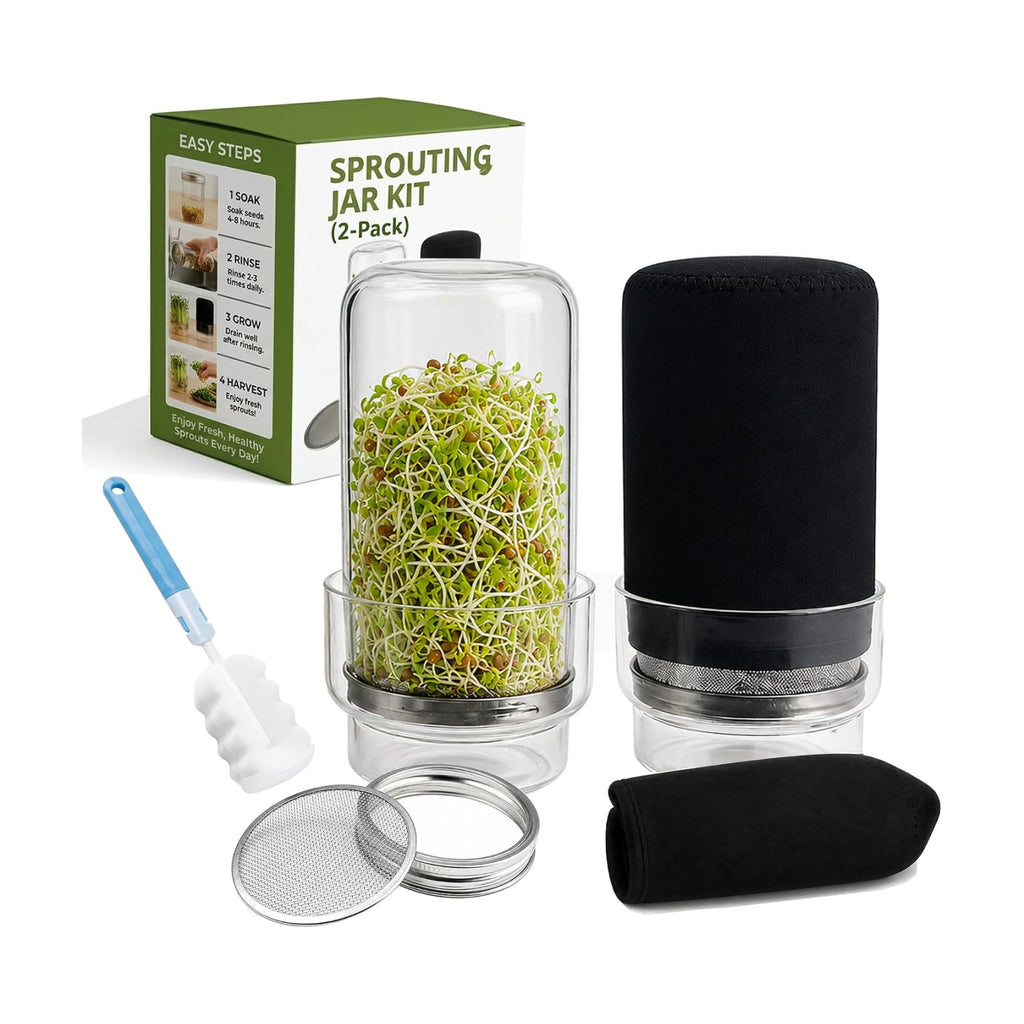 Sprouting Jar Kit – Maeyova 2-Pack Mason Jars with Stainless Steel Mesh Lids, Glass Base, Cover & Brush – Seed Sprouter
