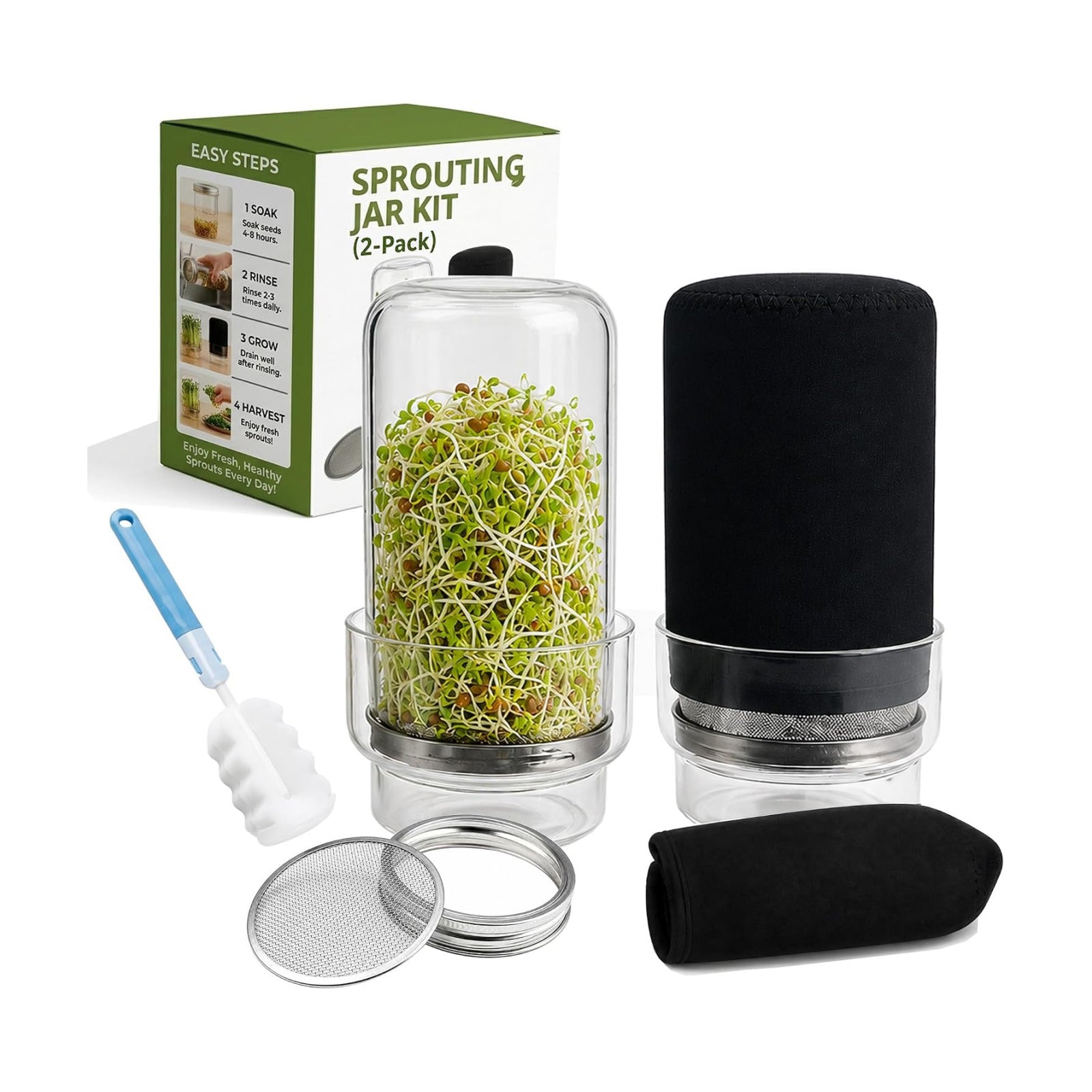 Sprouting Jar Kit – Maeyova 2-Pack Mason Jars with Stainless Steel Mesh Lids, Glass Base, Cover & Brush – Seed Sprouter