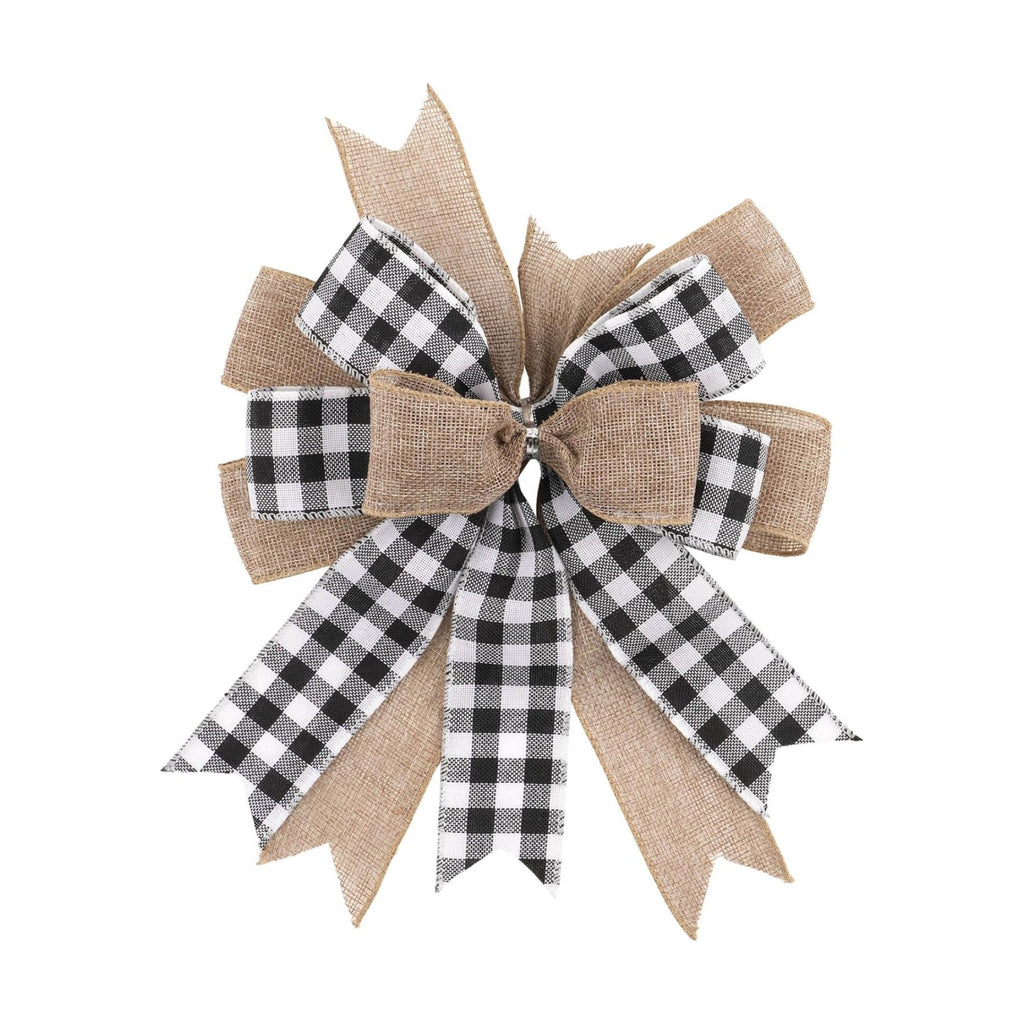 Buffalo Plaid Bow, 9.4 x 11.8 Inch Black and White Check Burlap with Wired Ribbon, Handmade Farmhouse Wreath Bow for Front Door Mailbox Lantern Tree Topper Year Round Decor