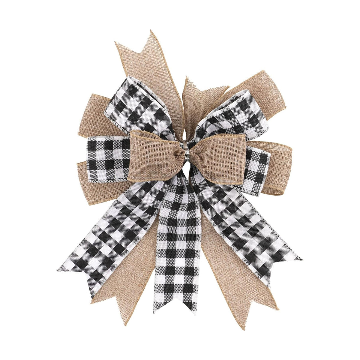 Buffalo Plaid Bow, 9.4 x 11.8 Inch Black and White Check Burlap with Wired Ribbon, Handmade Farmhouse Wreath Bow for Front Door Mailbox Lantern Tree Topper Year Round Decor