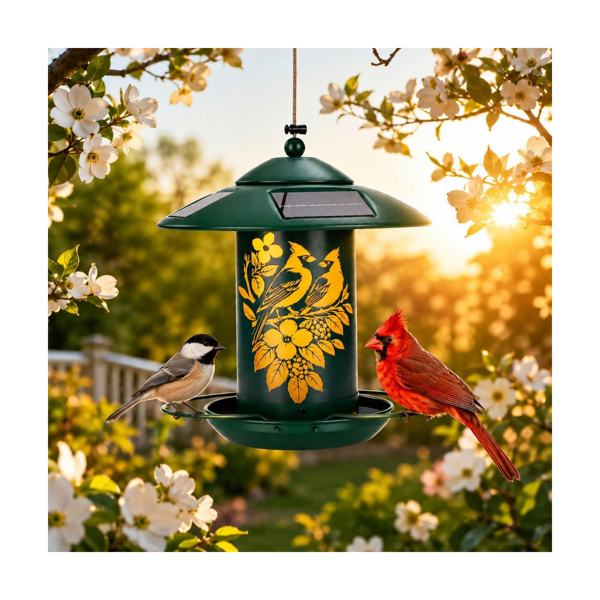 AVINEL Solar Lantern Bird Feeder – Solar-Powered Outdoor Hanging Wild Bird Feeder with Decorative Garden Lantern Design (Moss Green, Cardinal/Dogwood)