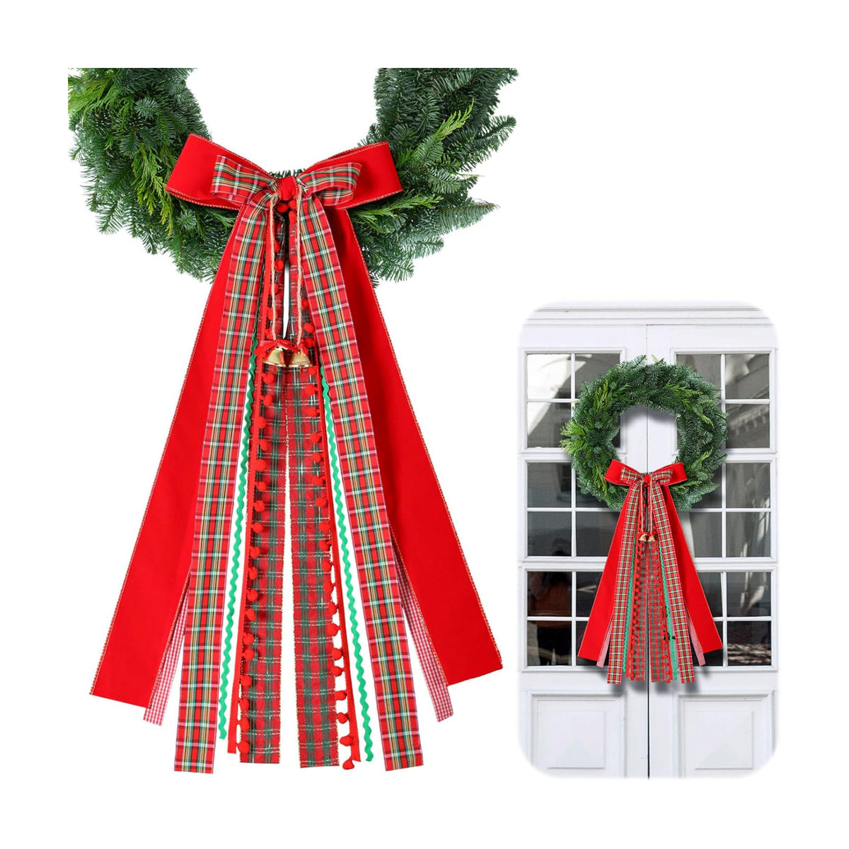 Riceshoot Wreath Ribbons for Front Door, Red Green Plaid Bow with Clip