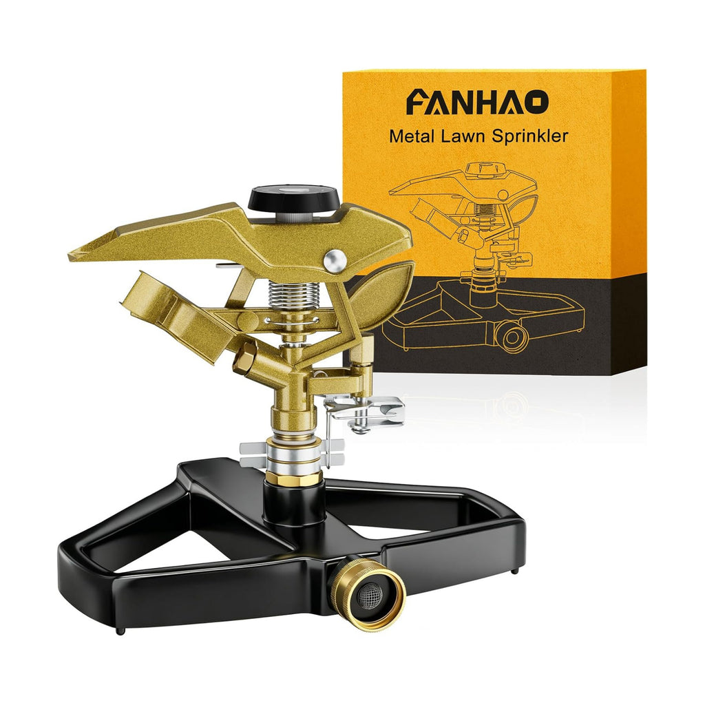 FANHAO Heavy Duty Pulsating Impact Sprinkler with Metal Base, 100% Metal 360° Adjustable Garden Sprinkler, Covers Up to