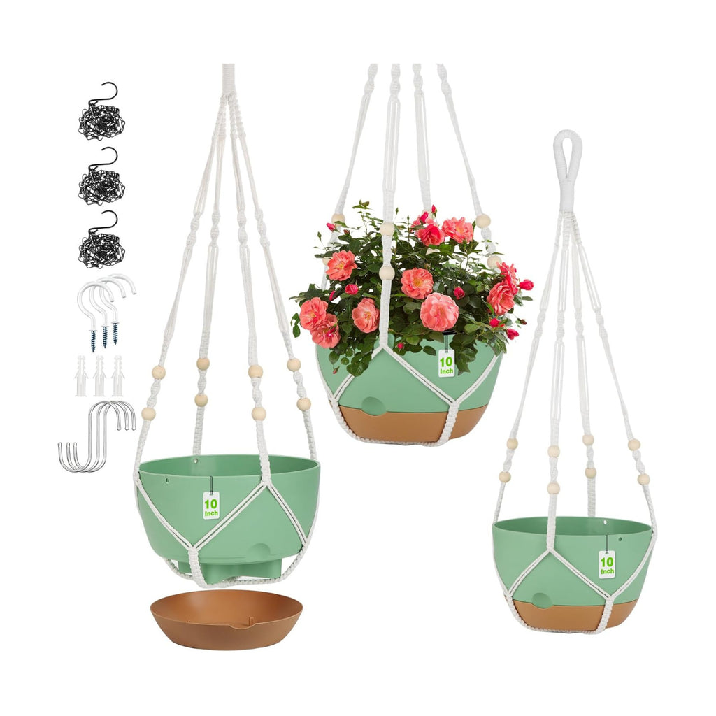 Self Watering Hanging Planter, 3 Pack 10 Inch Macrame Plant Hanger with Flower Pot, Metal Chain, S & Ceiling Hooks