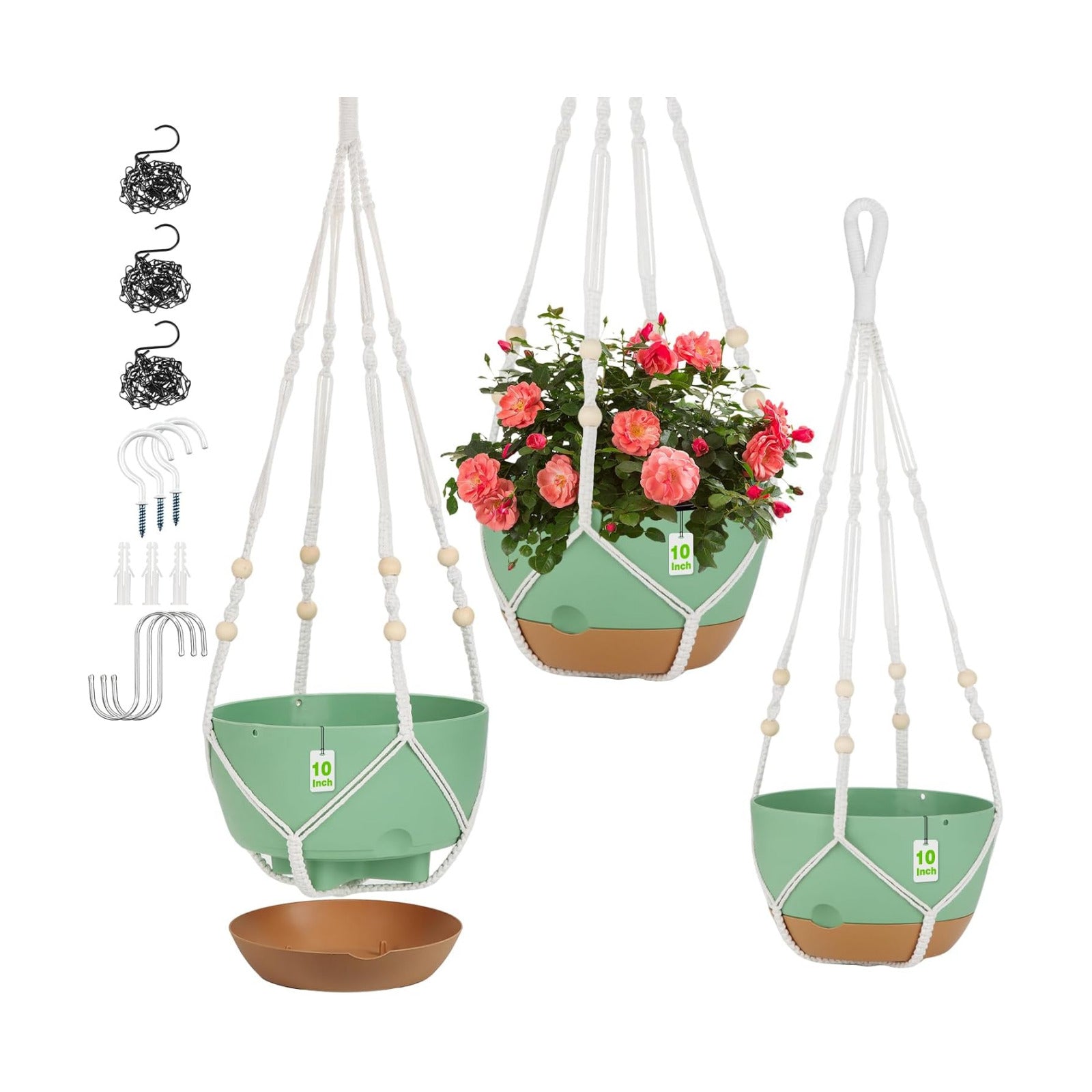 Self Watering Hanging Planter, 3 Pack 10 Inch Macrame Plant Hanger with Flower Pot, Metal Chain, S & Ceiling Hooks