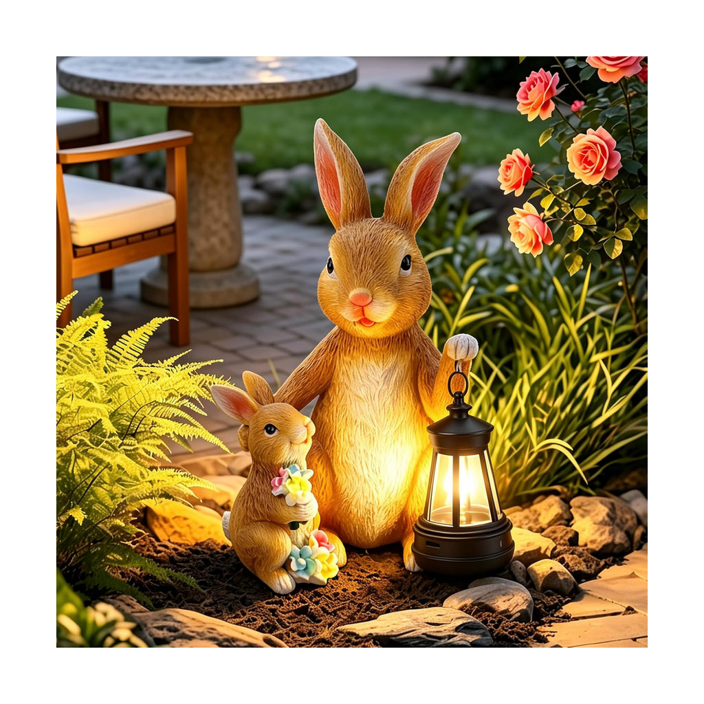 Solar Bunny Garden Statue with LED Lantern, Waterproof Resin Figurine | for Tabletop, Patio, Lawn & Easter Garden, Cute