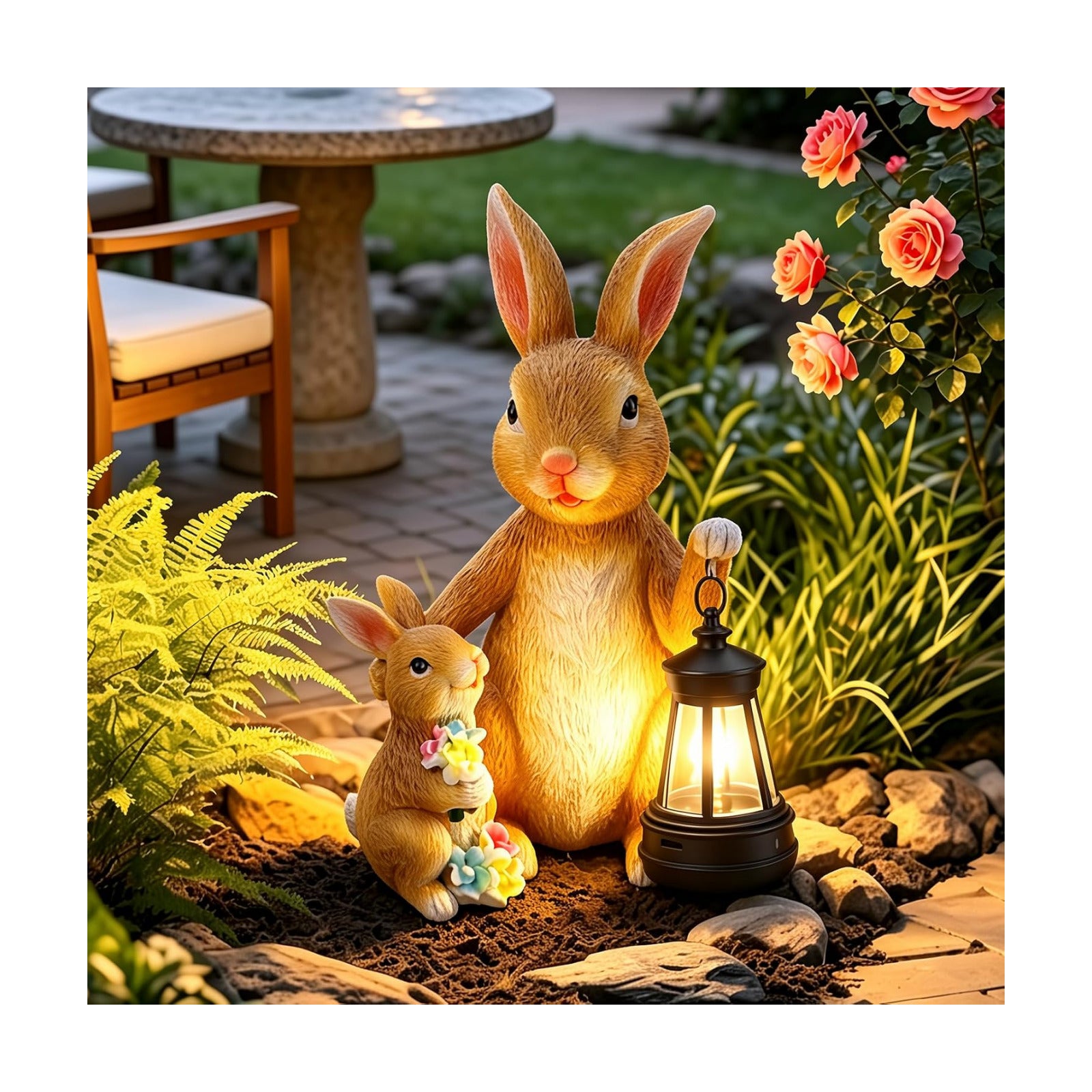 Solar Bunny Garden Statue with LED Lantern, Waterproof Resin Figurine | for Tabletop, Patio, Lawn & Easter Garden, Cute