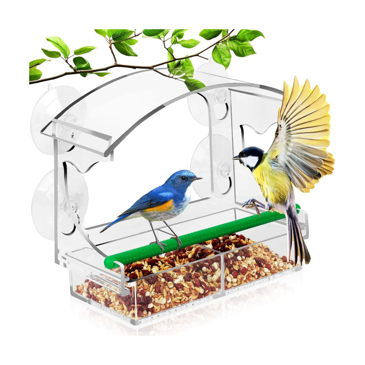 Window Bird Feeder for Outdoors, Acrylic Bird Feeder with Strong Suction Cups, Perfect for Up-Close Viewing, Removable Seed Tray with Drain Holes to Keep Nuts Fresh & Dry, Clear