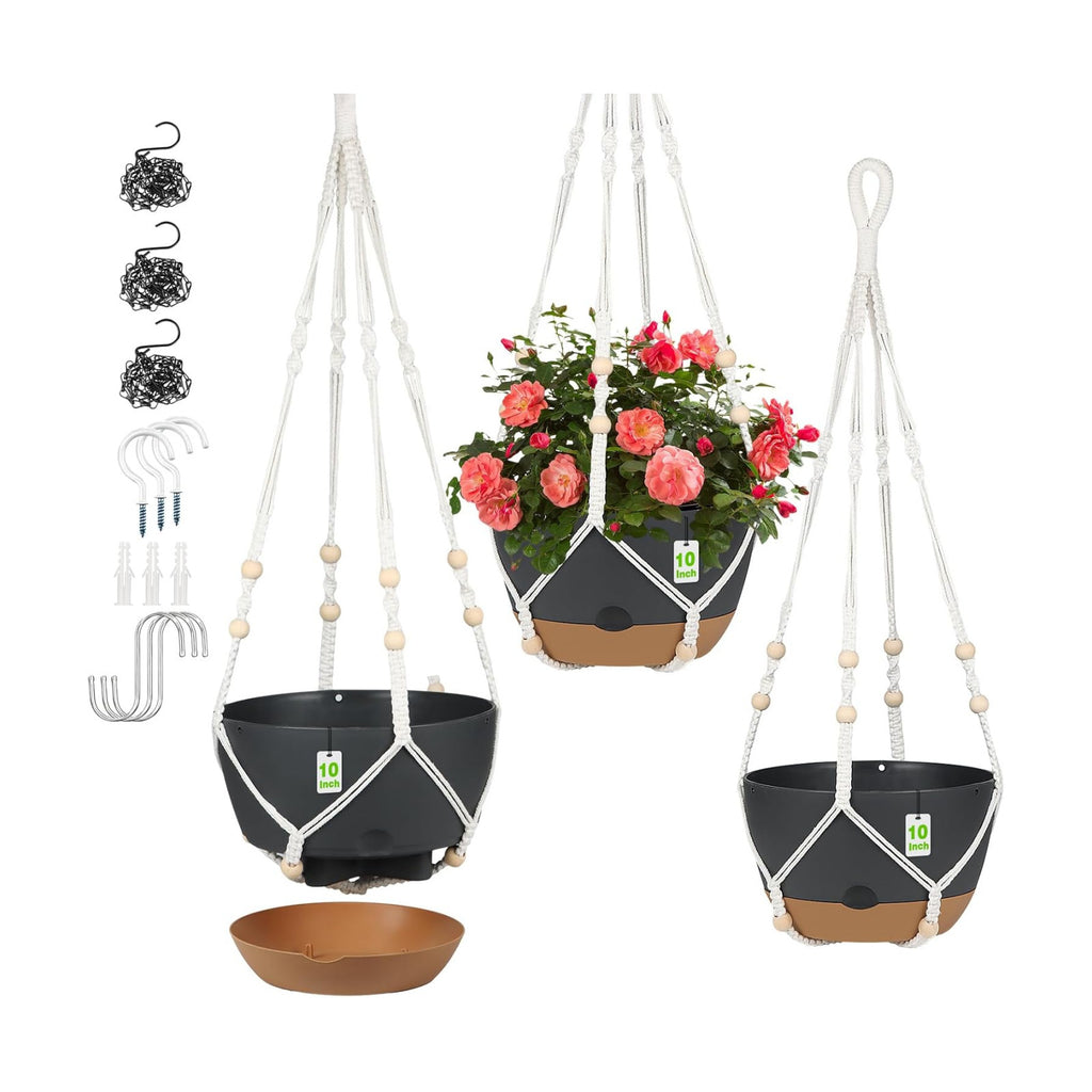 Hanging Planter for Indoor Plants, 3 Pack 10 Inch Self Watering Flower Pot with Macrame Plant Hanger, Metal Chain, S &