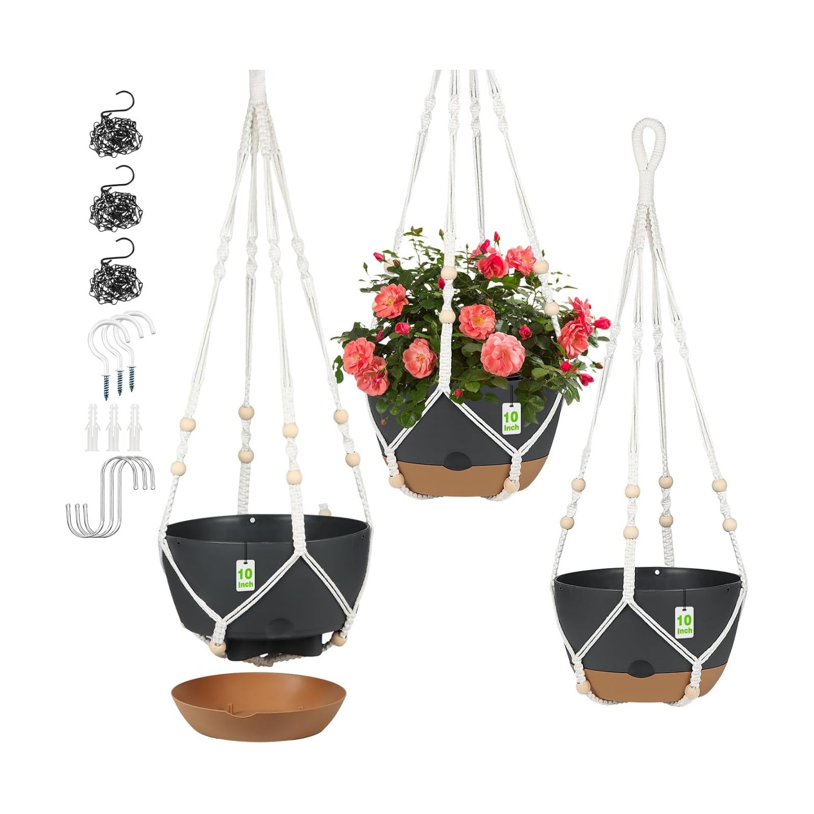 Hanging Planter for Indoor Plants, 3 Pack 10 Inch Self Watering Flower Pot with Macrame Plant Hanger, Metal Chain, S &