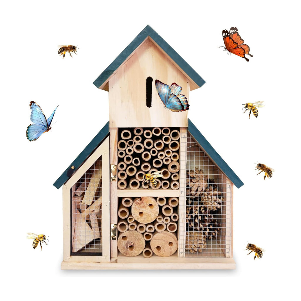 Hanging Bee House 9.5 * 3.7 * 13inch – Wooden Insect House Outdoor Solitary Bee Hive for Garden, Natural Beneficial