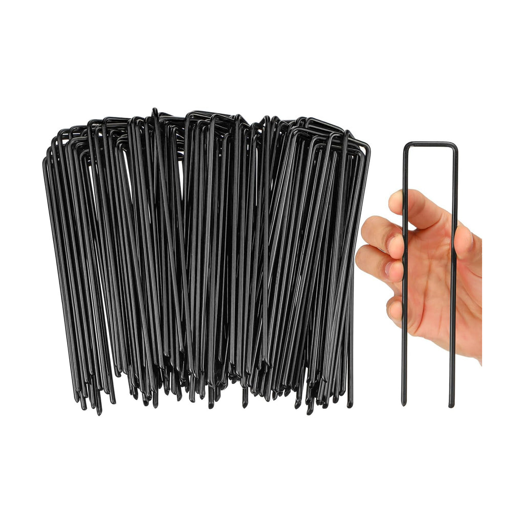 Therwen 100pcs 6 Inch Turf Stakes for Artificial Grass Black Landscape Staples Bulk Galvanized Heavy Duty Garden Stake
