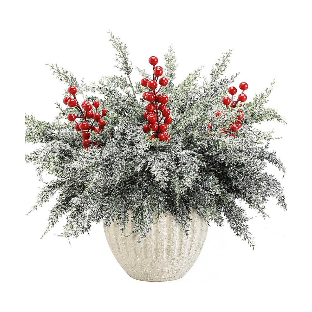 10 Pcs 18'' Christmas Snow Pine Branches with Red Berries,Norfolk Pine Stem