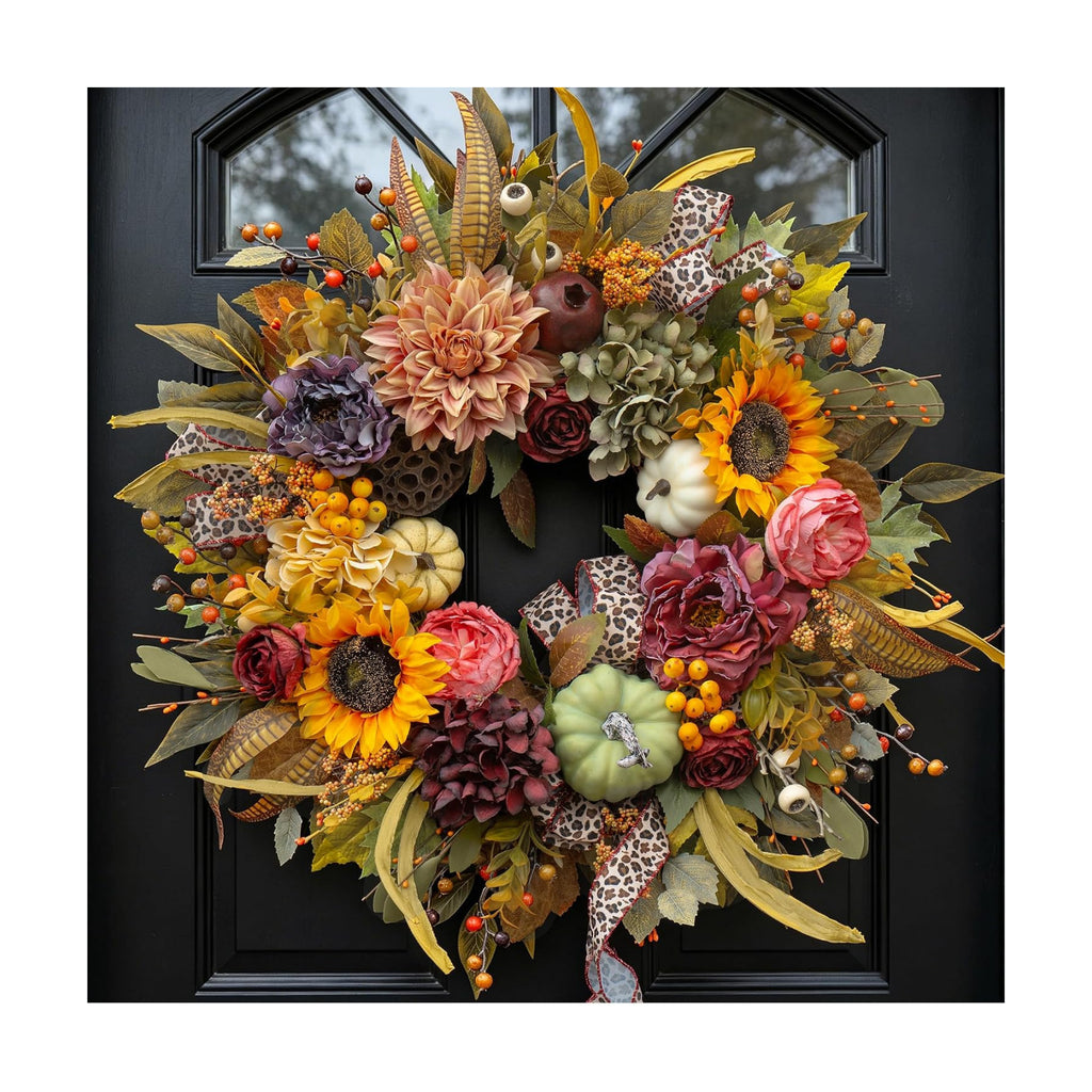 Fall Wreaths for Front Door 24 Inch Autumn Wreath with Pumpkins, Sunflowers