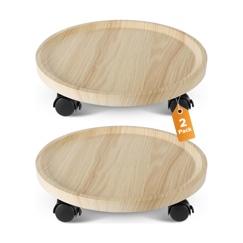 2 Pack Plant Caddy With Wheels, 14" Wood Rolling Plant Stand with 360° Lockable Wheels, Plant Stands Outdoor for Large