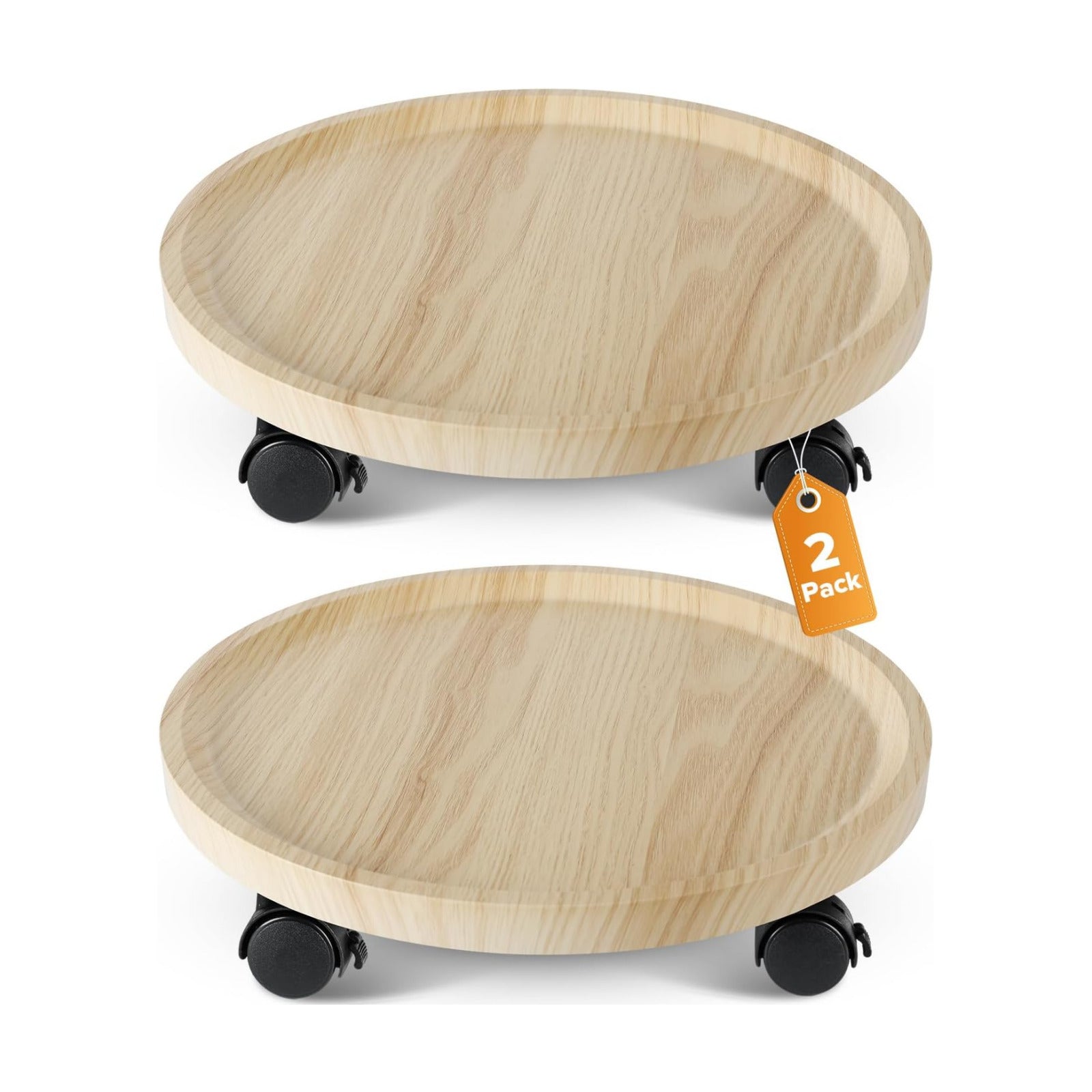 2 Pack Plant Caddy With Wheels, 14" Wood Rolling Plant Stand with 360° Lockable Wheels, Plant Stands Outdoor for Large
