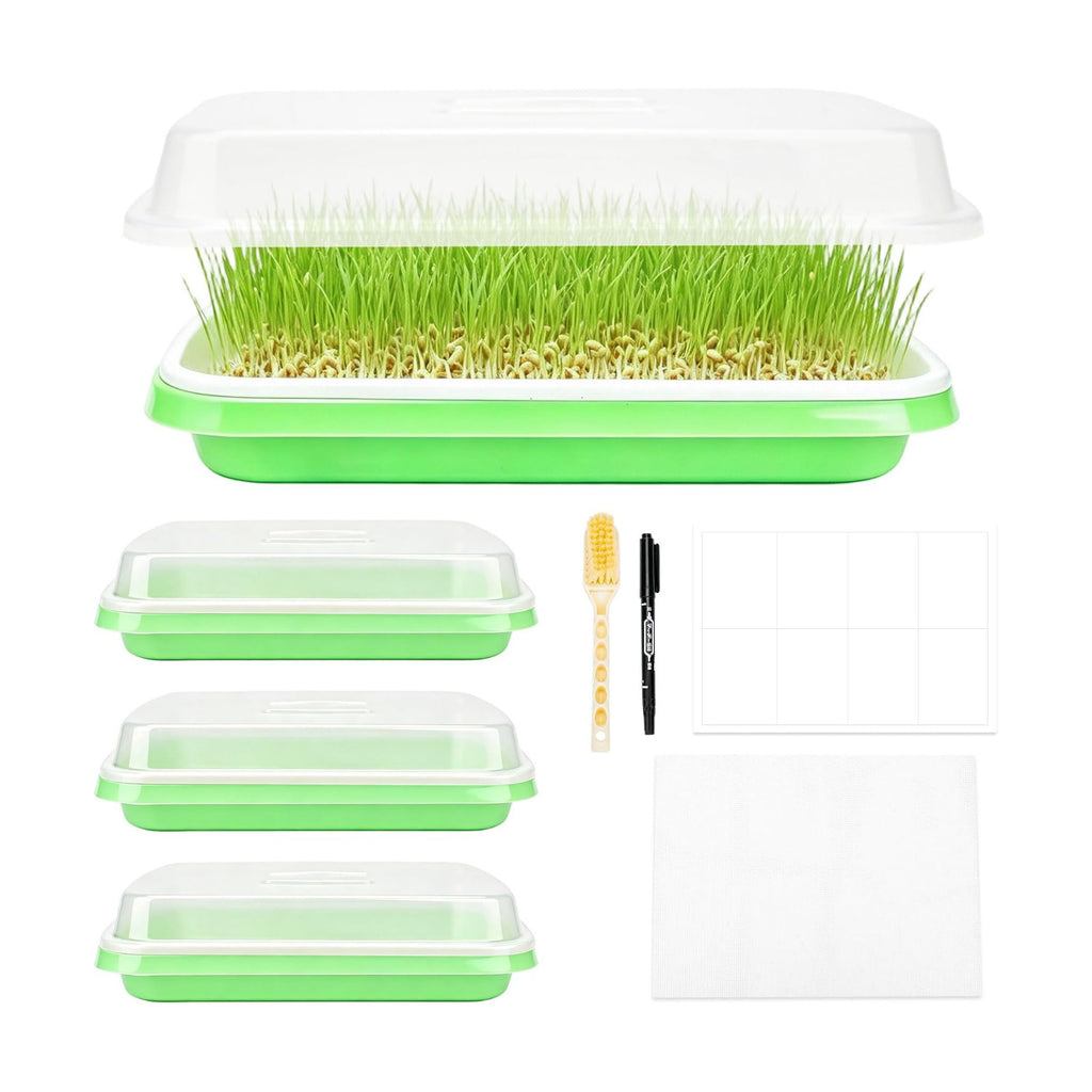 AKAZA 4 Pcs Green Seed Sprouter Trays with Lid Soil-Free Germination Trays | Nursery tray with planting paper;