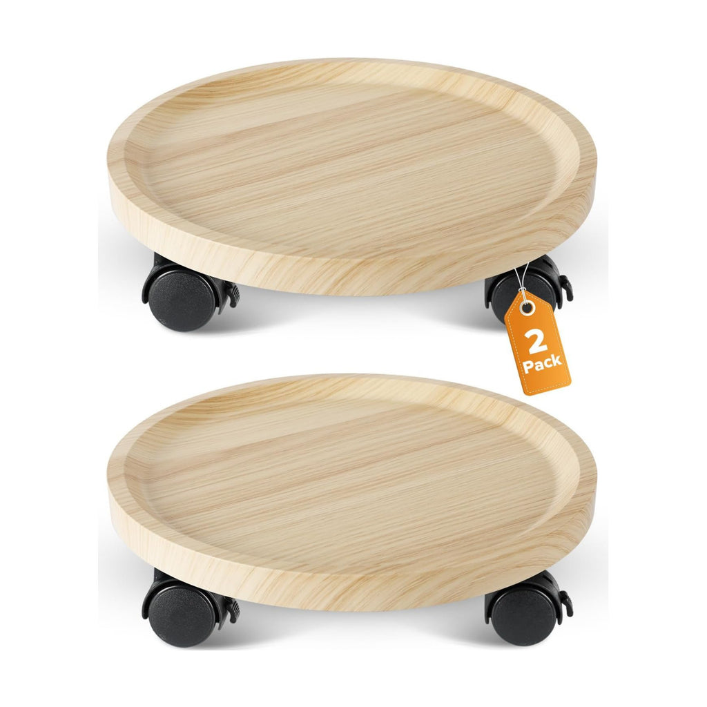 2 Pack Plant Caddy With Wheels, 12" Wood Rolling Plant Stand with 360° Lockable Wheels, Plant Stands Outdoor for Large
