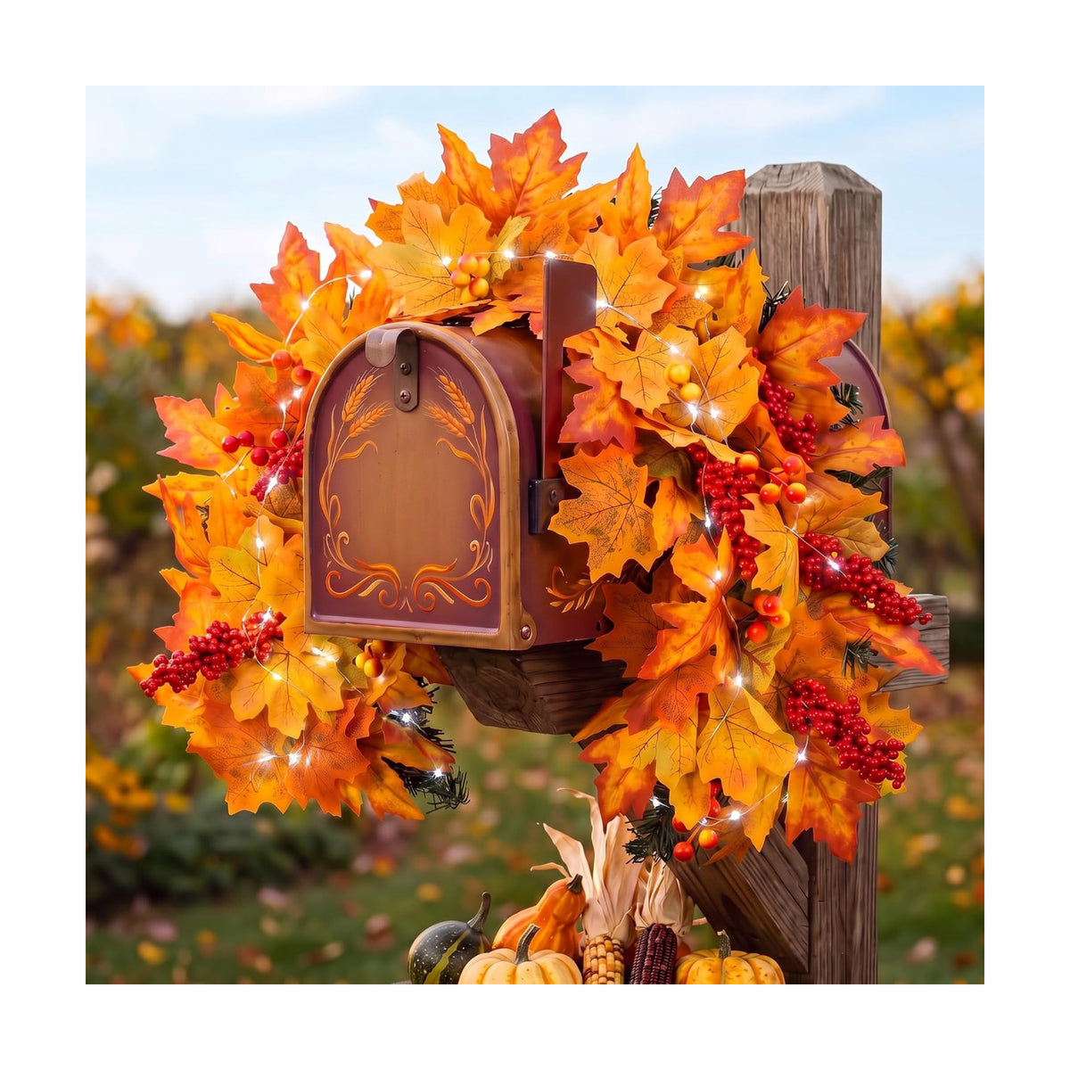 Yinder Fall Mailbox Swag Decor for Outdoor Maple Leaf Wreath with Lights