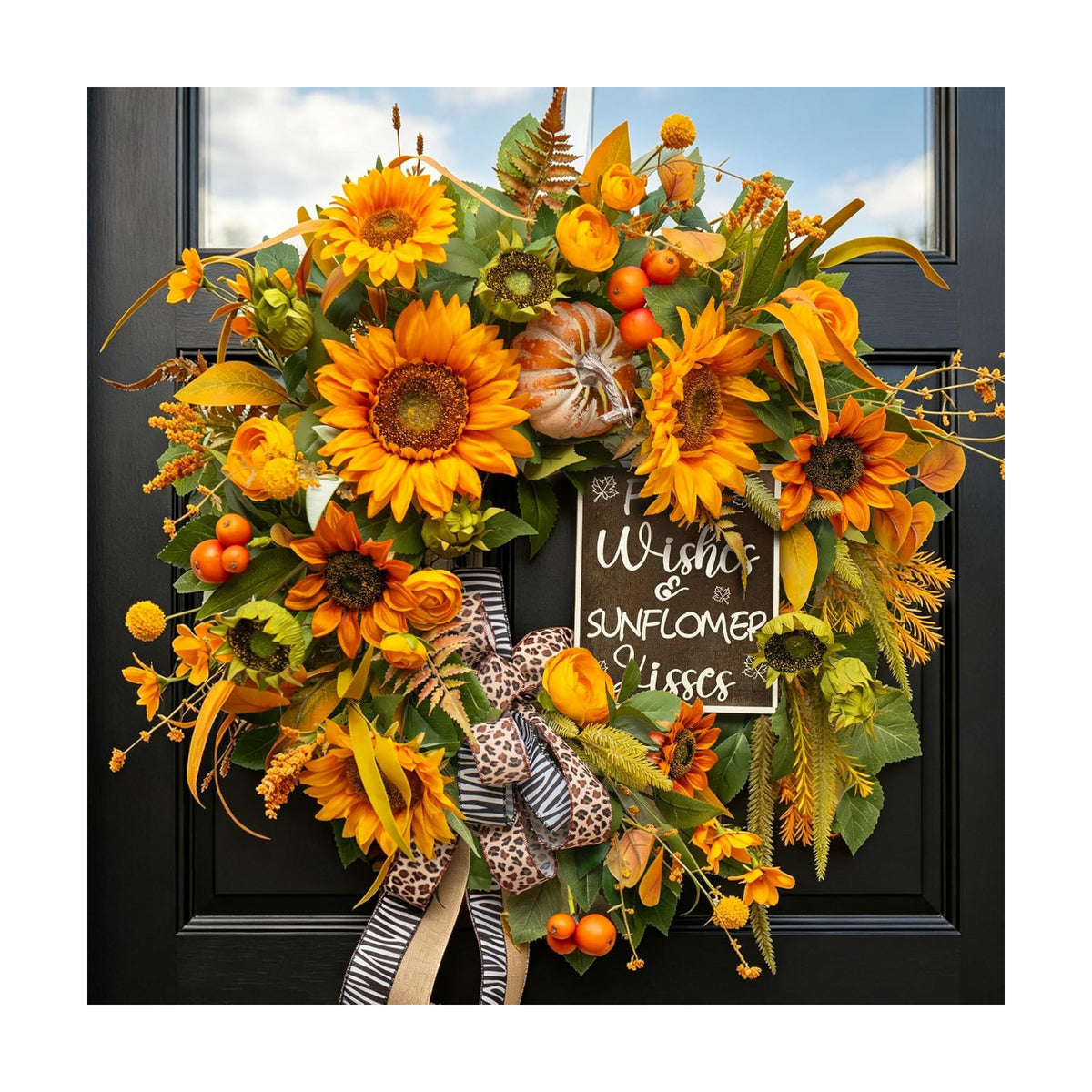 Fall Wreaths for Front Door 24 Inch, Autumn Harvest Wreath with Sunflower