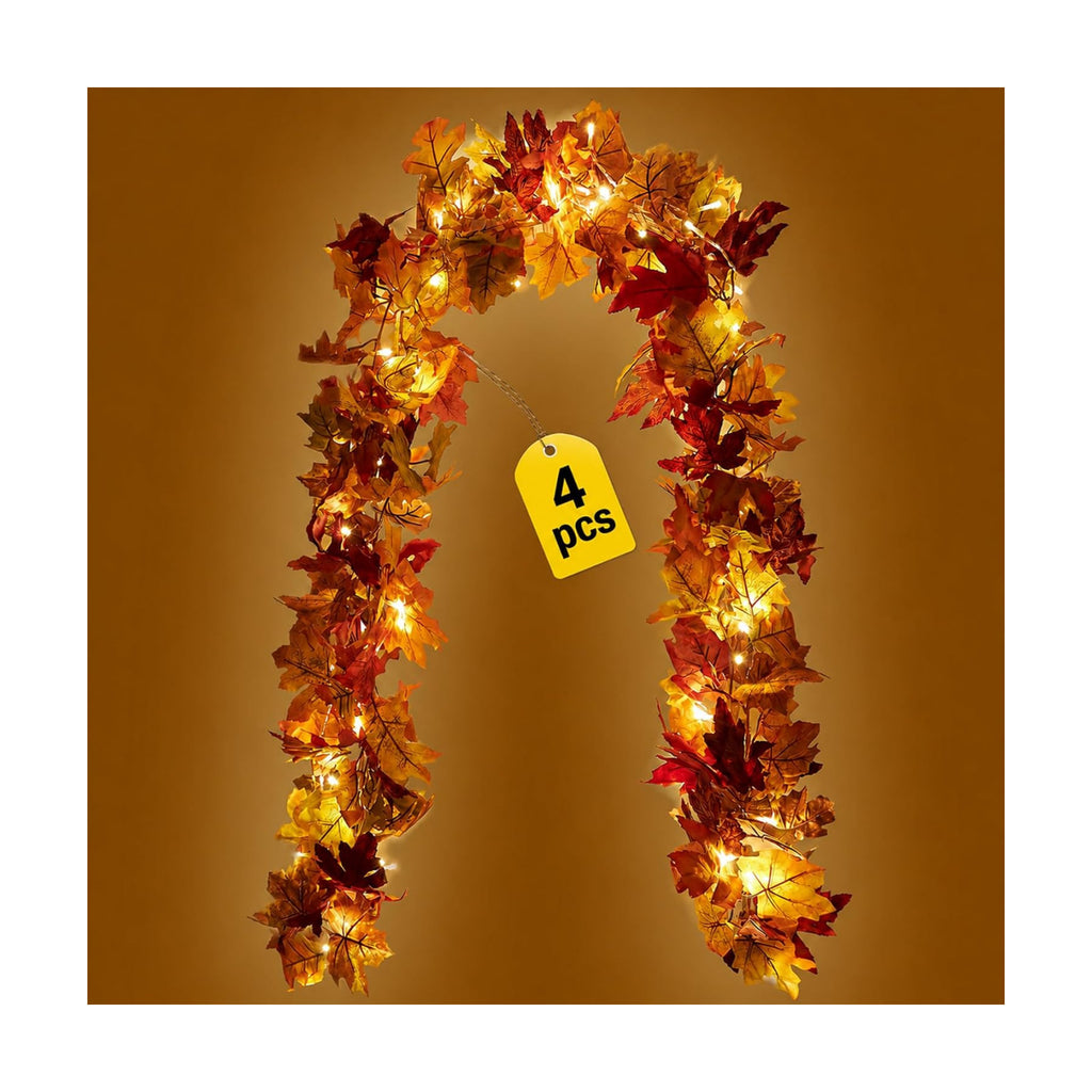 KASZOO 4 Pack Fall Maple Garland with 80 LED String Light- 5.8ft/Piece Artificial Fall Foliage Garland Autumn Decor for Home Wedding Party