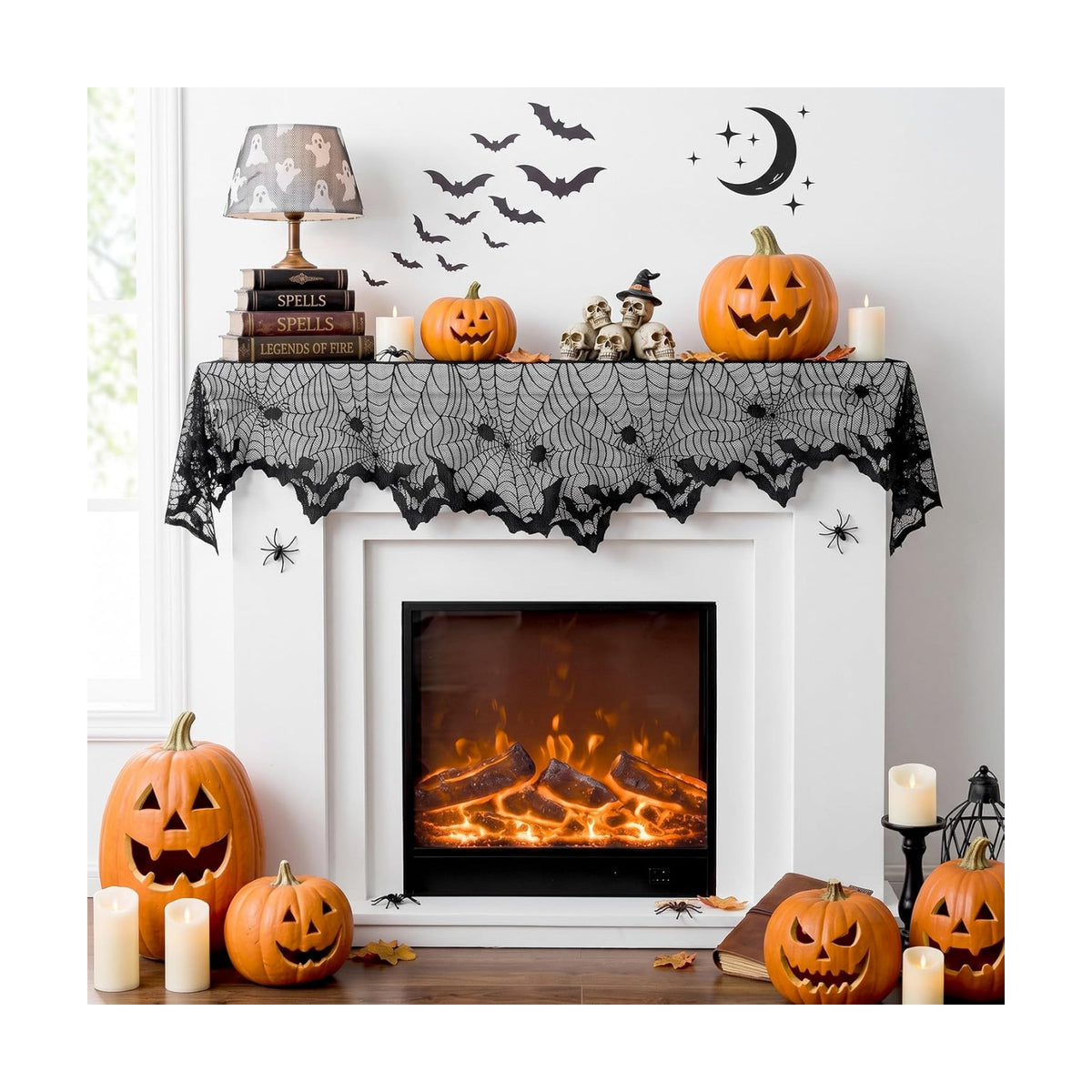 Black Lace Cobweb Halloween Fireplace Mantel Scarf Cover Decor, 18x96 in