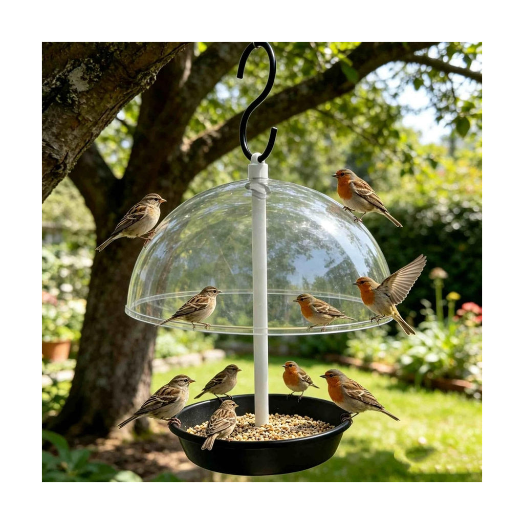 Bird Feeder with Clear Rain Proof Dome Hanging Metal Tray Bird Feeder
