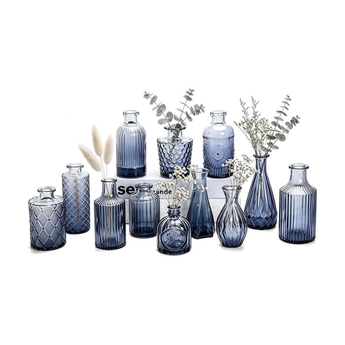 Mini Bud Vases Centerpieces for Tables,Clear Bud Vases for Flowers,Small Flower Vases Suitable for Birthday Party,Anniversary,Wedding Reception,Baby Shower (GradBlue, 12PCS)
