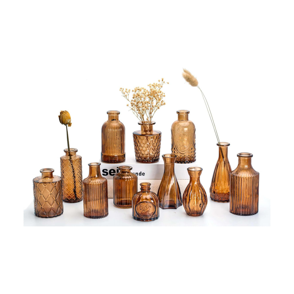 Mini Bud Vases Centerpieces for Tables,Clear Bud Vases for Flowers,Small Flower Vases Suitable for Birthday Party,Anniversary,Wedding Reception,Baby Shower (Amber, 12PCS)