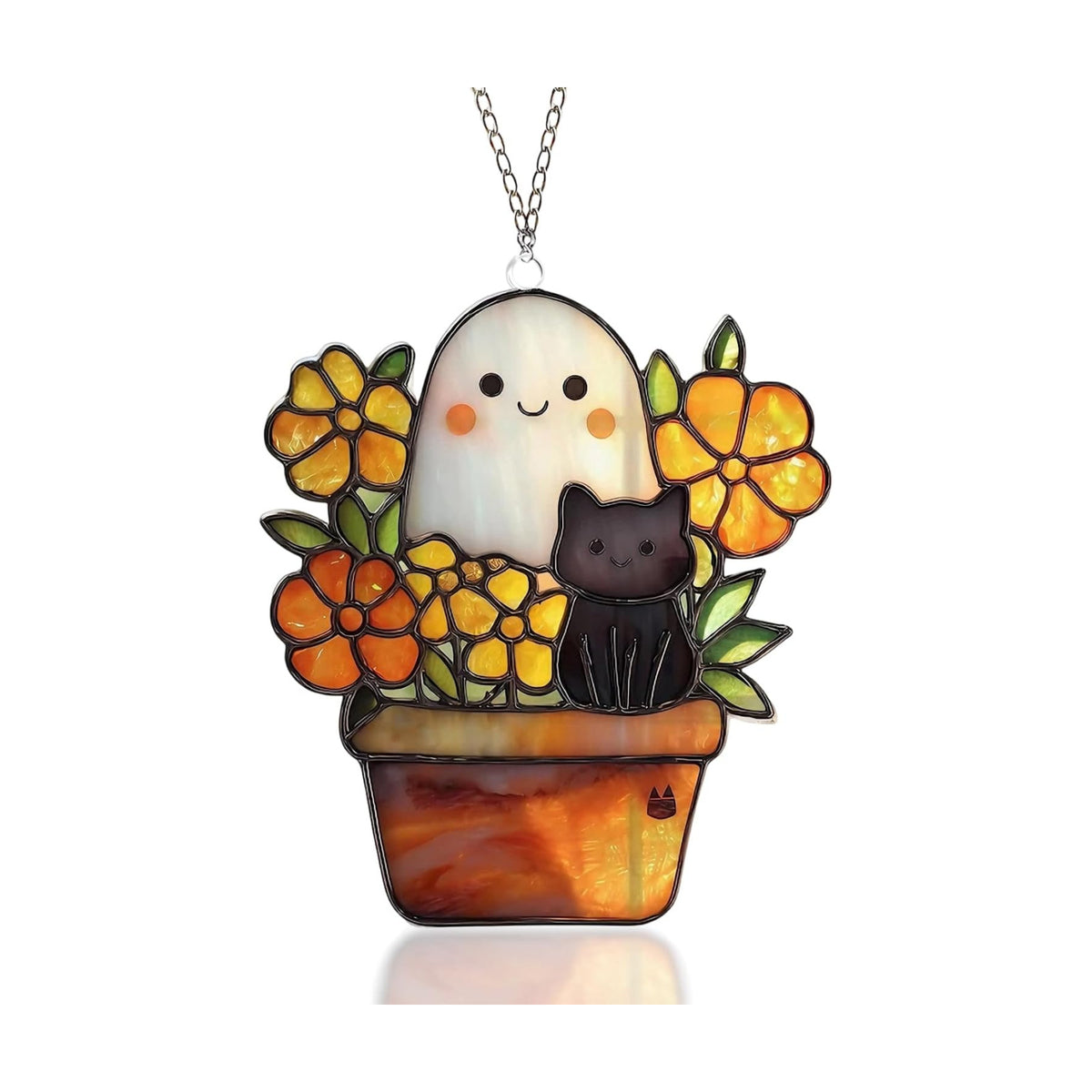 Cute Black Cat Ghost Fall Halloween Suncatcher, Black Cat & Ghost in Flower Pot Decorative Hanging Ornaments, Stained Glass Style Acrylic Halloween Ornaments, Autumn Home Window Hanging Decor