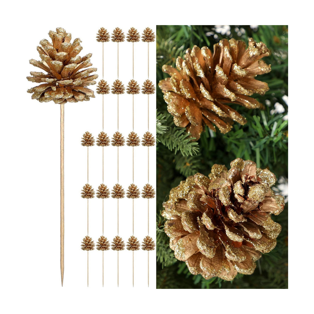 Thiccywoov 24 Pcs Christmas Pine Cone Pick Decoration for Tree Gold 3.15 in