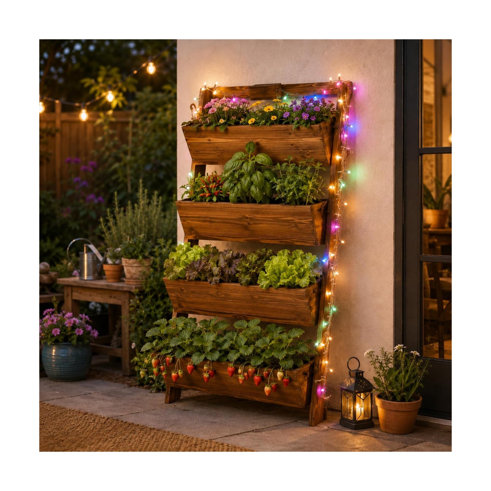 51" 4-Tier Vertical Garden Planter with LED Lights | Wooden Raised Garden Bed for Outdoor Herbs & Flowers, Wall-Leaning