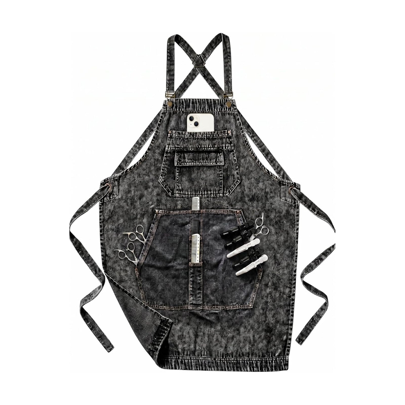 Denim Apron with Pockets for Hair Stylist Cross Back Men Women | Gardening Craftsmen Barista Hairdresser Jean Work