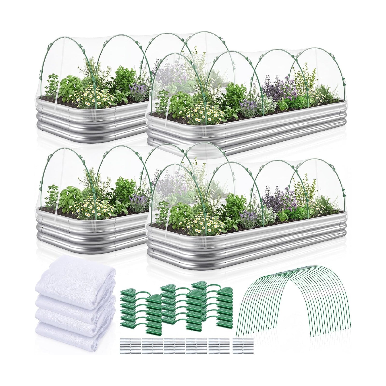 4 Pack Garden Netting Kit for Raised Beds 4x2ft Raised Garden Bed Net with Fiberglass Hoops Drawstring Clips for Plant