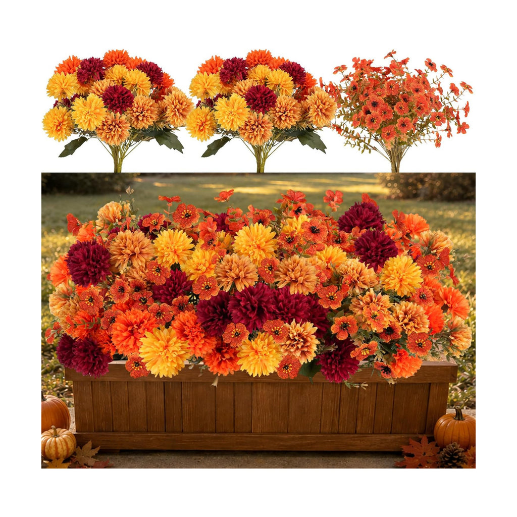 12 PCS Artificial Fall Flowers for Outdoors, UV Resistant Fake Mums