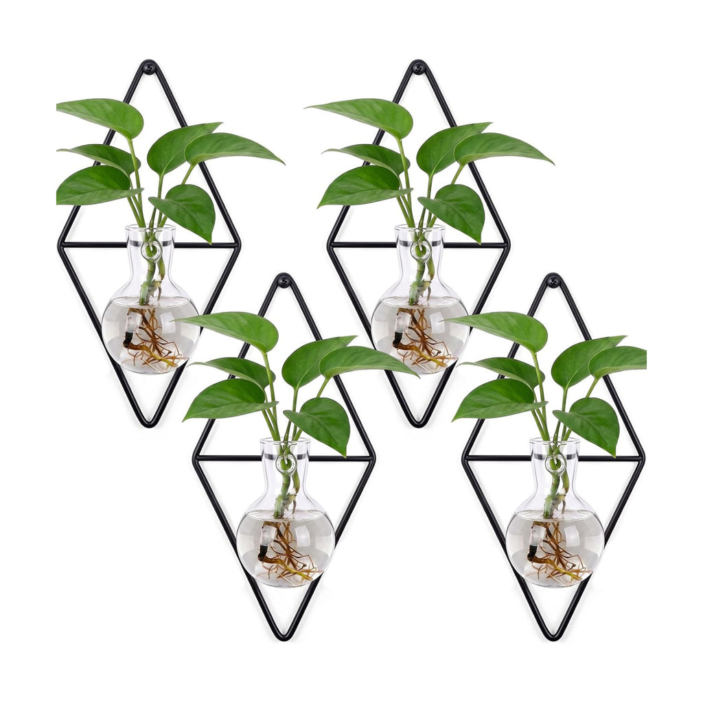 4 Pack Wall Hanging Glass Vase with Metal Frame, Wall Mounted Plant Propagation Station, Diamond Shape Hydroponic Glass