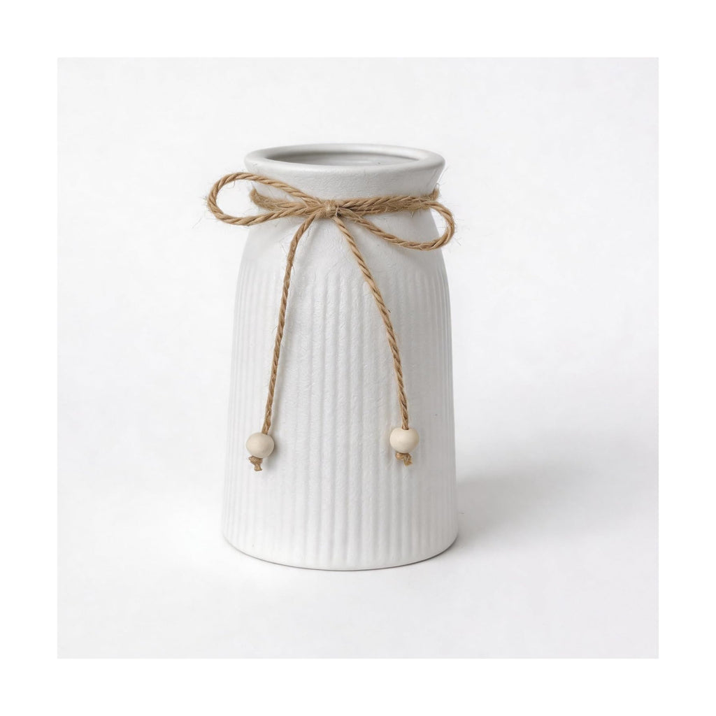 Rustic 6-Inch Ceramic Vase with Jute Rope & Wood Ball Charm for Home Décor, White Flower Vase for Table Centerpieces and Gifts, Ideal for Living Room, Bedroom