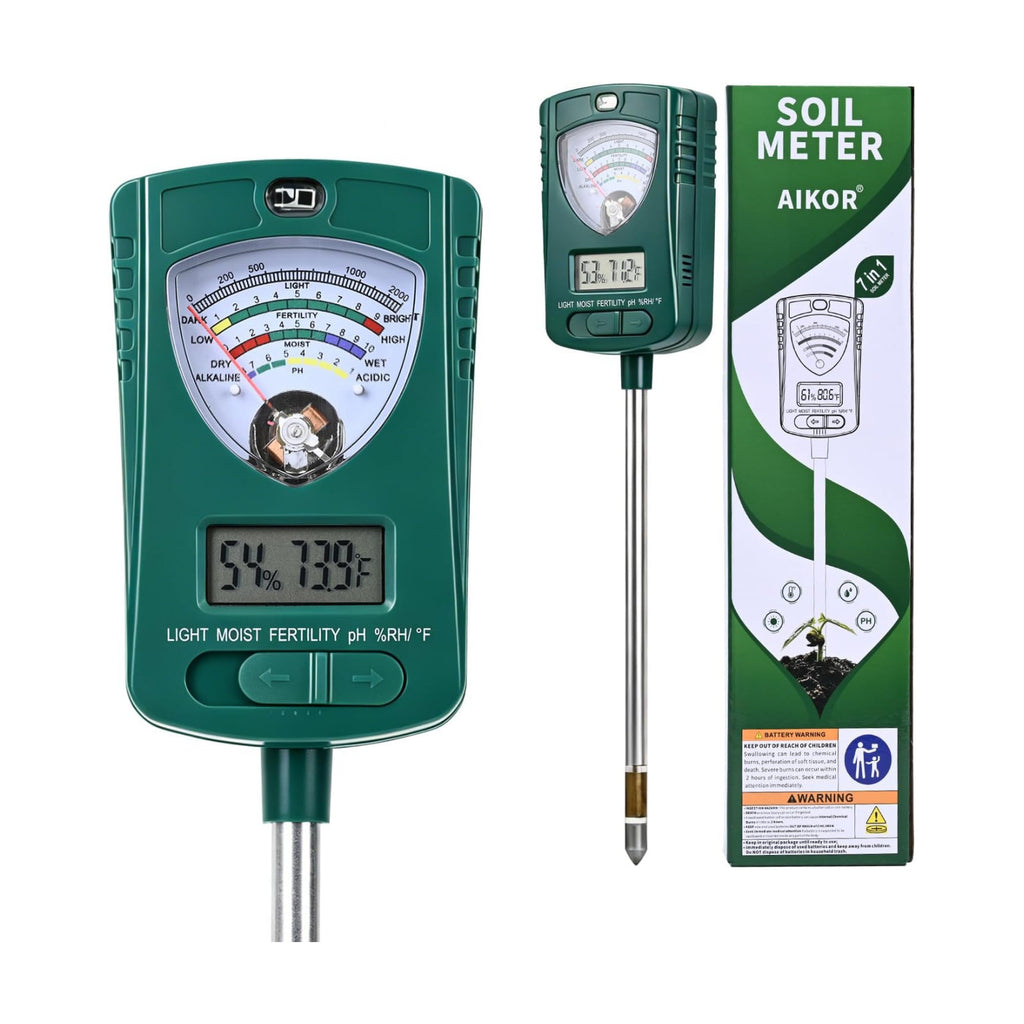 7-in-1 Soil Tester for Soil Moisture pH Fertility Light Intensity, Soil Temp, Air Temp & Humidity, with Pointer and LCD