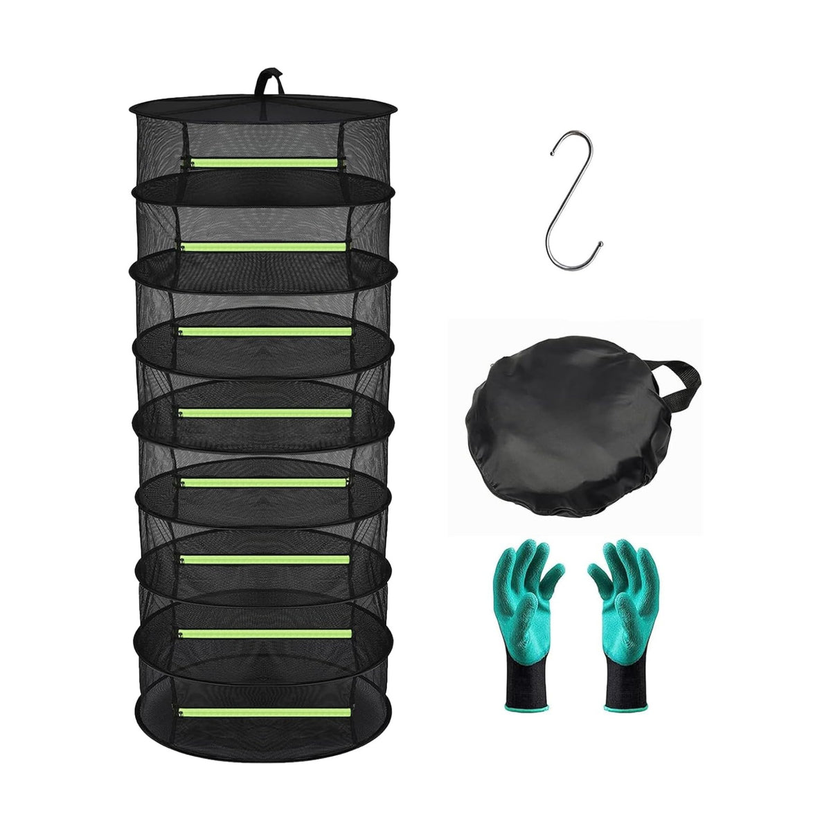 Herb Drying Rack Hanging 8 Layer, 2ft Collapsible Herb Dryer Mesh with Zipper, Garden Gloves, Hook, Plant Net Dry Rack for Drying Seeds, Buds, Grass, Hydroponic Plants for Outdoor Harvest 24"D x 63"H